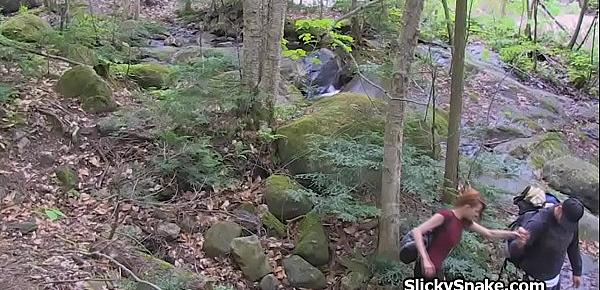  Redhead French gf blows cock in the woods